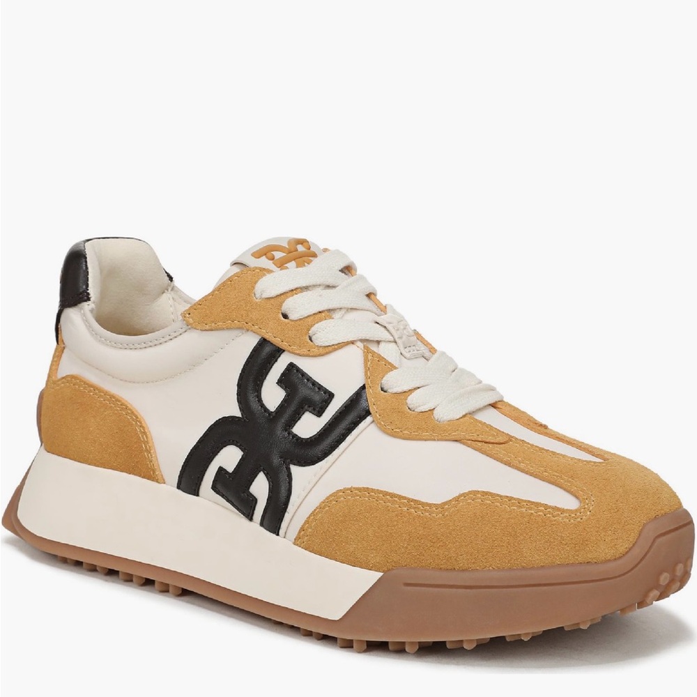 Sam Edelman Cream and Tan Suede Accent Sneaker with Black Logo